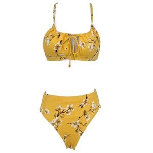 Swimsuit Classic Style Dogwood Floral Bikini Set in Yellow and White Size Small